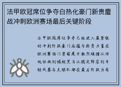 法甲欧冠席位争夺白热化豪门新贵鏖战冲刺欧洲赛场最后关键阶段 法甲欧冠席位争夺白热化豪门新贵鏖战冲刺欧洲赛场最后关键阶段